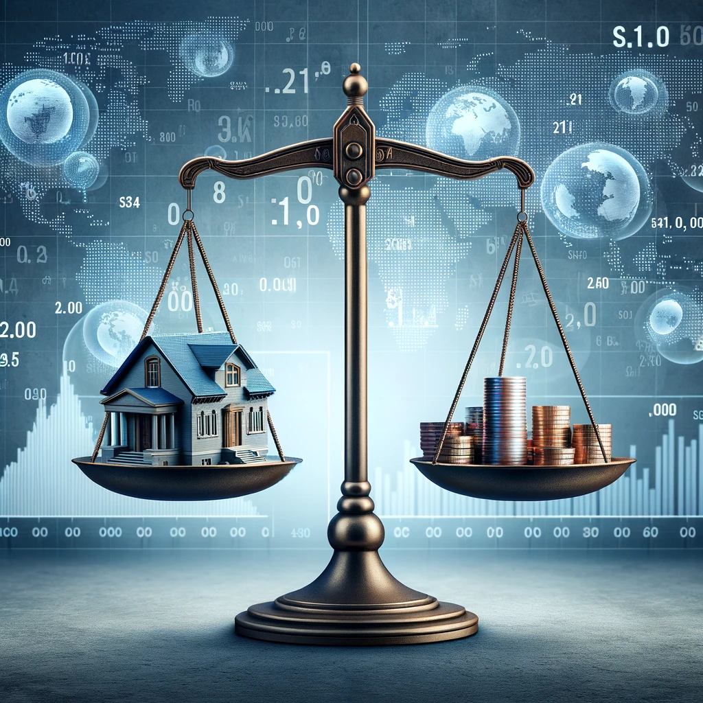 A balanced scale with a model house on one side and coins on the other, against a backdrop of abstract global economic indicators, representing the Bank of Canada's deliberation between housing market stability and inflation control.