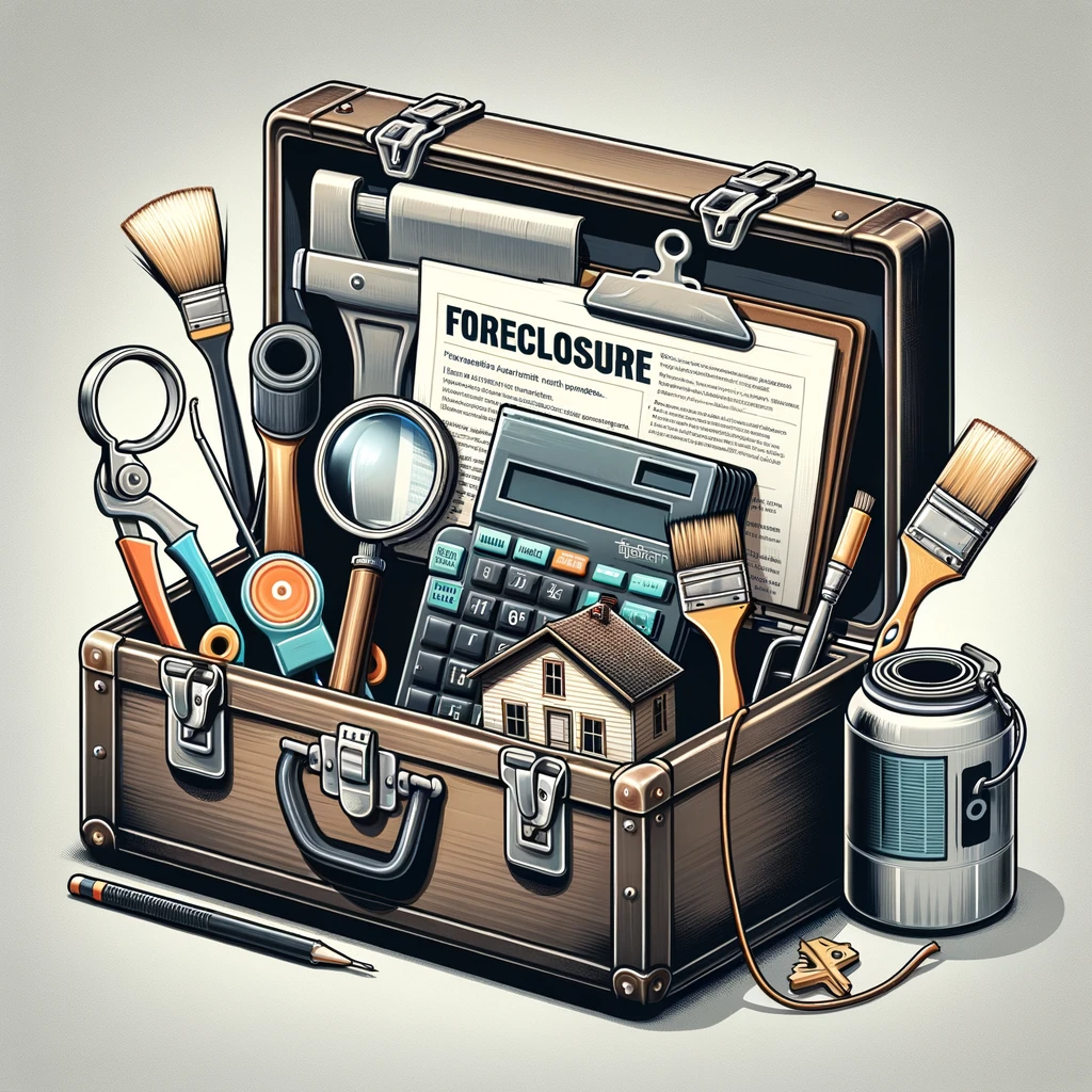 Open toolbox with items for foreclosure investment success: a magnifying glass, calculator, legal documents, house keys, and a paintbrush, symbolizing research, financial analysis, legal readiness, property acquisition, and renovation.